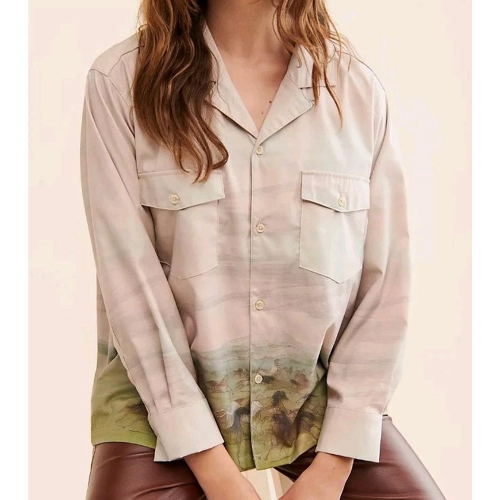 FOUND Wildlife Field Horse Western Landscape Button Down Shirt - Size L $138